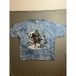 Vintage Gildan Native American Wolf Horse Tie Dye T-Shirt Blue 2XL 2TG